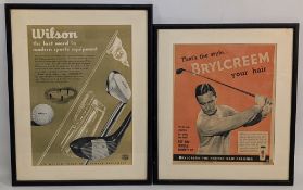 2x Golfing Advert Pages framed picture - Wilson golf club's adverts, plus a Brylcreem advert, both