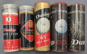 Vintage Dunlop 65 Golf Ball Tin Tubes, five assorted with most balls still wrapped - a good
