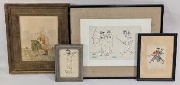 Golf original Sketches, Paintings and Prints, to include a watercolour 1827 of a golfer signed WB, a