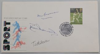 Cricket signed First Day Cover - with three good signatures of Don Bradman, Dereck Underwood, and