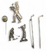 Silver 925 and white metal Golf Pins Badges, three golf figures, the large one with golf bag has a