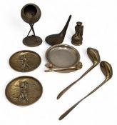 Brass Golf Collectables: a Dunlop man shaped brass bell (missing ring), golf ashtrays, pin dishes,