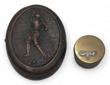 Period Golfer Figure Copper Tobacco Tin with male golfer figure to lid, with a small golf tin, brass