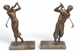 c1930 Pair of Golfing Figures Bookends, a male and female golfer in swing on marble base
