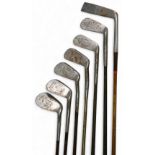 6x Tom Stewart steel shafted irons from long iron to anti-shank niblick, t/w an unusual elongated