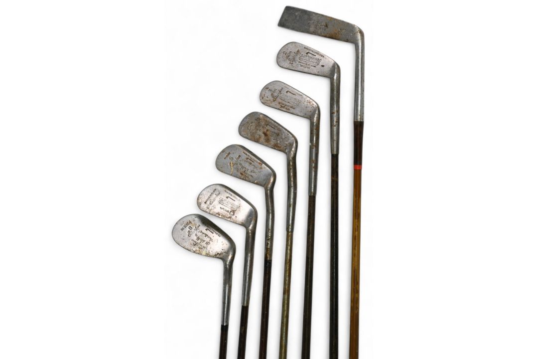 6x Tom Stewart steel shafted irons from long iron to anti-shank niblick, t/w an unusual elongated - Image 1 of 3