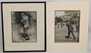 2x Colour Golfing Prints c1900, taken from the Spere Magazine, of the King drawn by Wal Paget