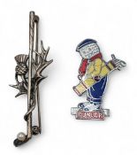 Dunlop Man Golf Enamel Badge - marked Cashmore B'ham, with a silver Scottish golf club brooch with