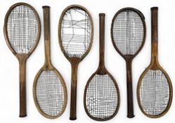 6x Period wooden Tennis Rackets, with names of the Champion, Solar, Court by Alex Walter of
