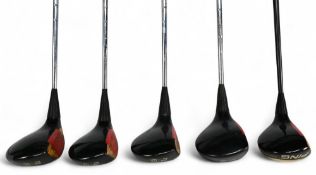 5x Classic Ping Black laminated Golf woods features 1, 3, 4, 5 and 7 - fitted with a mixture of