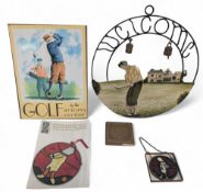 Golf Collectibles, a reproduction metal golf by the shorelines of Scotland, 2x stained glass golf