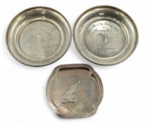 3x Silver Hallmarked Golf Pin Dishes, a 1957 Birmingham with embossed golf trolley, two Daily Mail