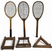 3x Period wooden Tennis Rackets with presses, to include a The Premier in a good Wisden Tenax racket