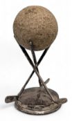 1927 Silver Hallmarked Golf Trophy Ball Stand, three crossed golf clubs holding a period mesh golf