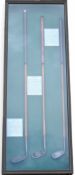 3x Reproduction Hickory Golf Club Display Cabinet featuring examples of a Water Niblick, The