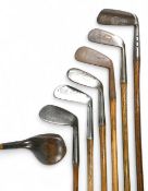 7x Assorted Golf clubs to incl Jacques eclipse of London dark stained persimmon driver, t/w
