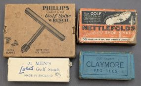 Period Golf Accessories: Phillips Talon Grip golf spike wrench tool in original box, Claymore wooden