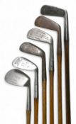 6x Assorted Golf clubs to incl Spalding hammer brand mid-iron, Special round back mashie, James
