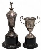 2x Silver Hallmarked Golf Trophy Cup Awards, a golf themed cup with golf figure to top with 4 golf