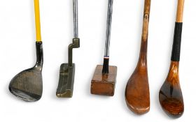 5x Assorted Golf clubs to incl late longnose scared neck putter with 4x added lead plugs to the sole