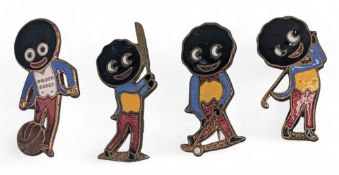 Vintage enamel Robinson Advertising Golly Sports Badges, a good yellow waistcoat golfer, hockey
