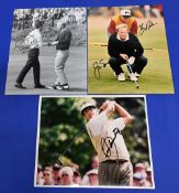 3x Golf Photographs signed by Tony Jacklin, Gary Nicklaus and Seve Ballesteros