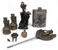 Golf metalware Collectables, to include two brass Dunlop men figures, cast and brass bottle