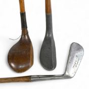 3x Interesting Golf clubs to incl Tom Morris St Andrews small head brown stained socket neck