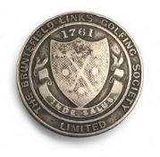 White metal Bruntsfield Links Golfing Society fob medal badge c1900, 2.5cm diameter, engraved 927 to