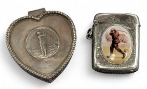 1905 Silver Golf Vesta Case with golf scene (case has damage to lid), with a heart shaped 925