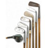 Half set of assorted Golf clubs (7) incl Bradbeer special dark stained brassie, 5x irons to incl