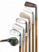 Half set of assorted Golf clubs (7) incl Bradbeer special dark stained brassie, 5x irons to incl