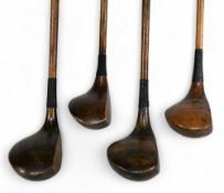 4x Assorted socket neck woods to incl large head light stained driver stamped Joe Kirkwood with