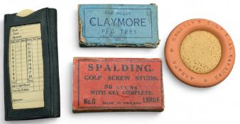 Period Golf Accessories Golf Studs, Wooden Tees, Golf Ball Cleaner, Clymore peg tees boxed, Spalding