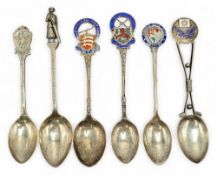 6x Silver and enamel Golfing Spoons to include Hasting Downs Golf Club, Highcliffe Castle Golf Club,