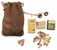 Period wooden Golf Tees, to include advertising packets, a leather tee bag and a good variety of