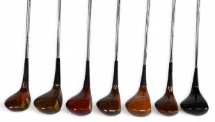 7x Various Persimmon woods features MacGregor Tommy Armour 1, 3 and 5 woods with fancy face inserts,