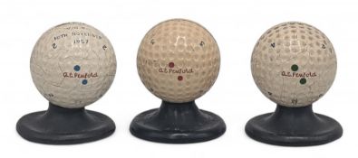 3x Penfold Golf Ball Menu Card Holders 2.3.4 golf balls one marked V G S 10th November 1957 - a with