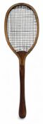 Barrel / Hammer Handle Wooden Tennis Racket c1895, this is an unusual handle racket with good gut