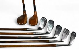 Half Set of attractive, playable Golf clubs (7) to incl 2x woods a driver by F Rigden stamped