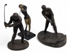 3x Golf Figures - two resin models of golfers by Genesis and Heredities, and a bronze female