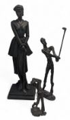 Bronze & Resin Golf Figures, a large resin lady golfer figure 36cm tall, and bronze golfers
