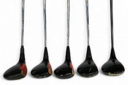 5x Classic Ping Black laminated Golf woods features a driver, 2x 3 woods, 4 and 5 woods - fitted