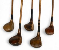 5x Assorted Socket neck woods to incl JS Steer of Burnley brassie with H shaped alloy sole insert