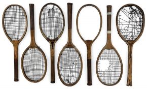 7x Period wooden Tennis Rackets, with names Ready x2, Jaques & Son with a Aberdeen retailer name,
