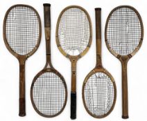 5x Period wooden Tennis Rackets, to include examples of Vantage, Atlas London College, Frank