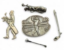 Silver 925 and white metal Golf Pins Badges, a silver 925 golf club charm and a silverplated