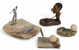 Period Golf themed Ashtrays, Pipe Rest, Pen Rest: three marble base ashtray and pen rest with a