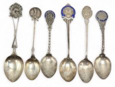 6x Silver and enamel Golfing Spoons, hallmarked with examples of Bayston Golf Club, Milford Golf