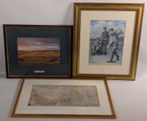 3x Golf Prints and Photographs, Muirfield 18th green photograph, Tain Golf Course modern map